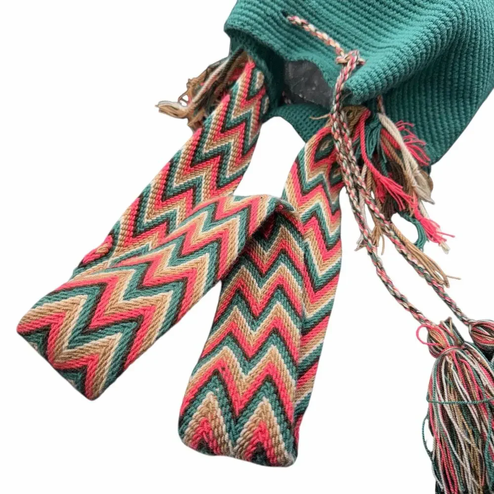 Wayuu Mochila Bag Aqua and pink Handmade Colombian Woven Tassel Strap